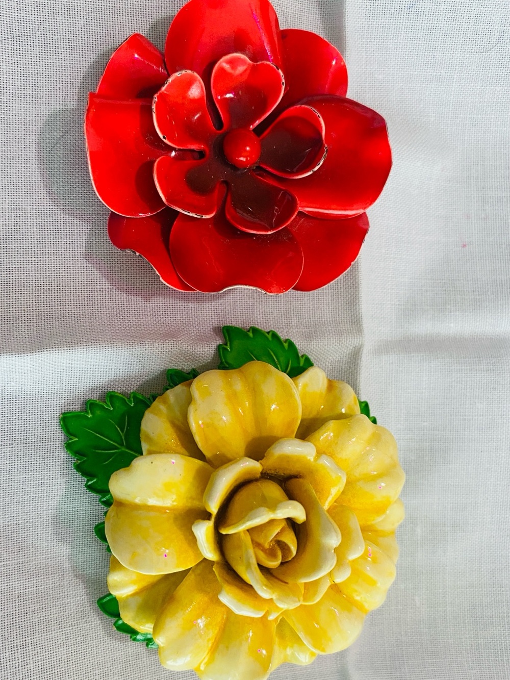 2 Brooches Yellow Rose metal Made in Germany and Metal Red Poppy pins
